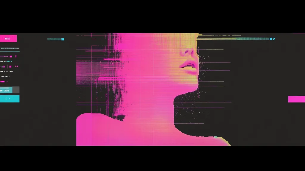 The image is a digital portrait of a woman's face. It is heavily stylized, with a glitch effect and a pink and black color scheme. The image is likely a representation of digital identity or the artificiality of the digital world. The glitch effect and the grainy texture suggest a sense of disruption and fragmentation. The image is a striking and evocative example of digital art.