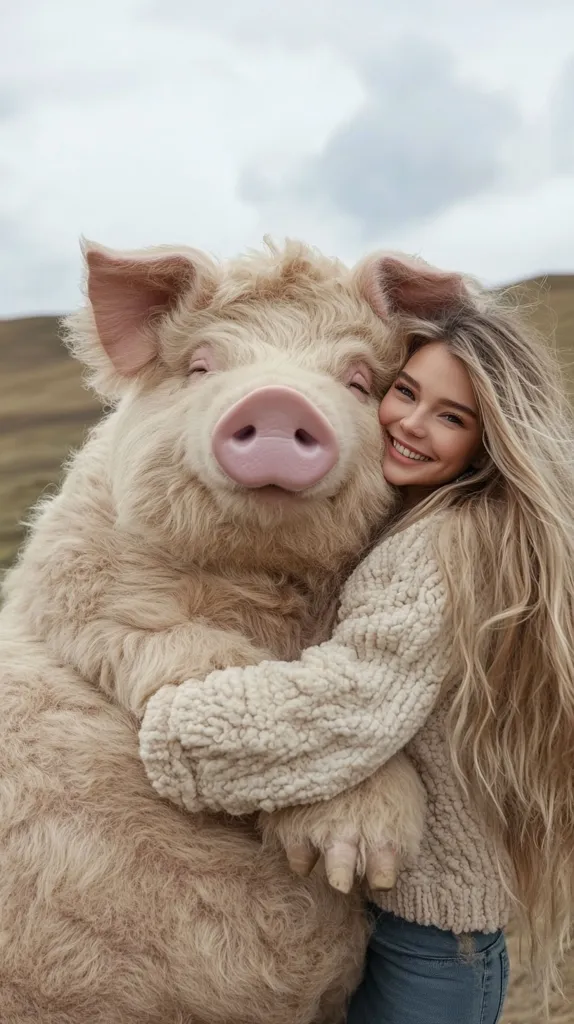 A young woman with long blonde hair smiles broadly as she hugs a large, fluffy pig. The pig has a pink snout and is looking directly at the camera. The woman is wearing a white sweater and blue jeans. The background is a blurry field of green grass.  The image conveys a sense of joy and connection between humans and animals.