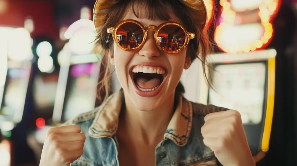 A young woman with long brown hair wears a straw hat and round sunglasses, her mouth wide open in a joyous laugh. She's standing in front of a row of slot machines, her fists clenched in excitement, suggesting she's won big.  The casino lights are blurred in the background. Her infectious joy and the backdrop of the casino create a scene of exuberant celebration.