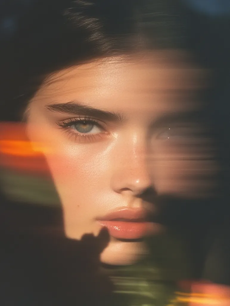 The image features a close-up of a woman's face. Her skin is smooth and glowing, with a hint of rosy blush on her cheeks. Her eyes are large and expressive, with long eyelashes and a hint of green in her irises. The image is shot in a way that creates a dreamy, ethereal feel, with the use of soft lighting and a blurry background. The woman's lips are slightly parted, as if she is about to speak.