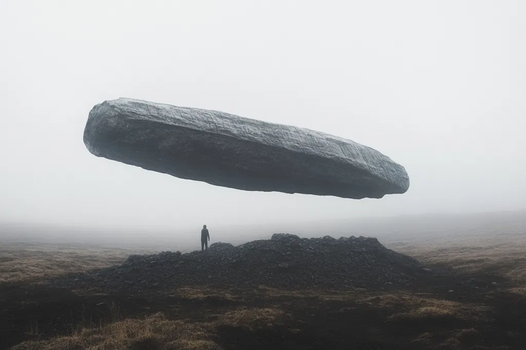 A single, lone figure stands in a desolate, foggy landscape, dwarfed by a massive, floating rock formation. The rock, shaped like a long, flat oval, hovers over the barren terrain, casting a long shadow on the ground. The atmosphere is ethereal and unsettling, creating a sense of mystery and isolation.