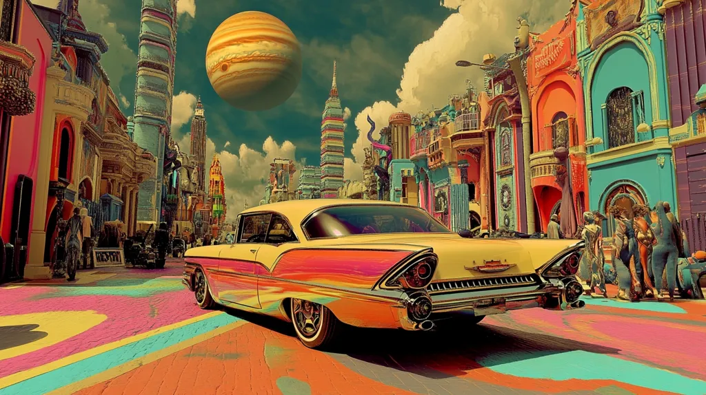 A vintage yellow car drives down a street lined with colorful, ornate buildings. The sky above is filled with clouds, and a large, red-and-white planet hangs in the distance. The city is a vibrant mix of styles and colors, from the Art Deco buildings to the whimsical details in the street. The scene is a nostalgic reminder of a bygone era, and it captures the spirit of adventure and optimism.