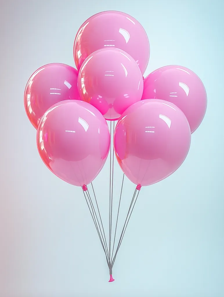 Six pink balloons are tied together with black strings against a white background. The balloons are in a cluster, with the largest balloon at the top. The strings are tied to the bottom of the balloons and are held together. The image is a simple, yet celebratory image, and is likely to evoke feelings of joy and happiness.