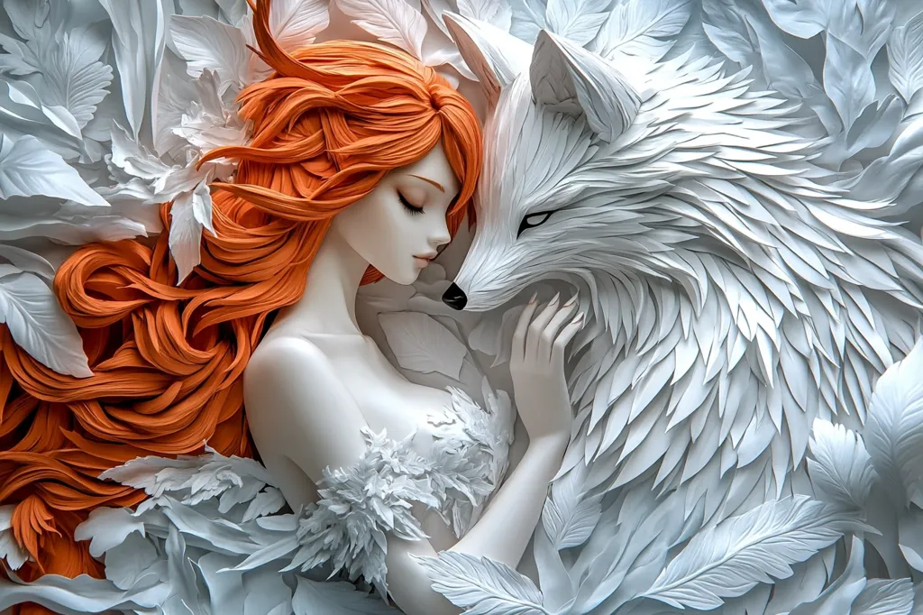 A beautiful woman with flowing red hair is lying in a field of white feathers, her eyes closed in peace. A white wolf, also made of feathers, rests its head on her shoulder. The intricate details of the feathers create a sense of softness and tranquility, highlighting the bond between the woman and the wolf.  The image is a dreamy and ethereal depiction of a harmonious relationship between nature and its inhabitants.