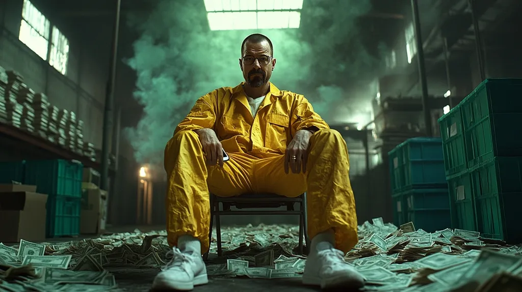 A man wearing a yellow jumpsuit and glasses sits on a chair in a dimly lit warehouse. He looks directly at the camera, with a serious expression. The floor is covered in stacks of US dollar bills. Green plastic crates line the back wall, and smoke billows from an unseen source. The image creates a sense of mystery and intrigue, suggesting a criminal underworld.
