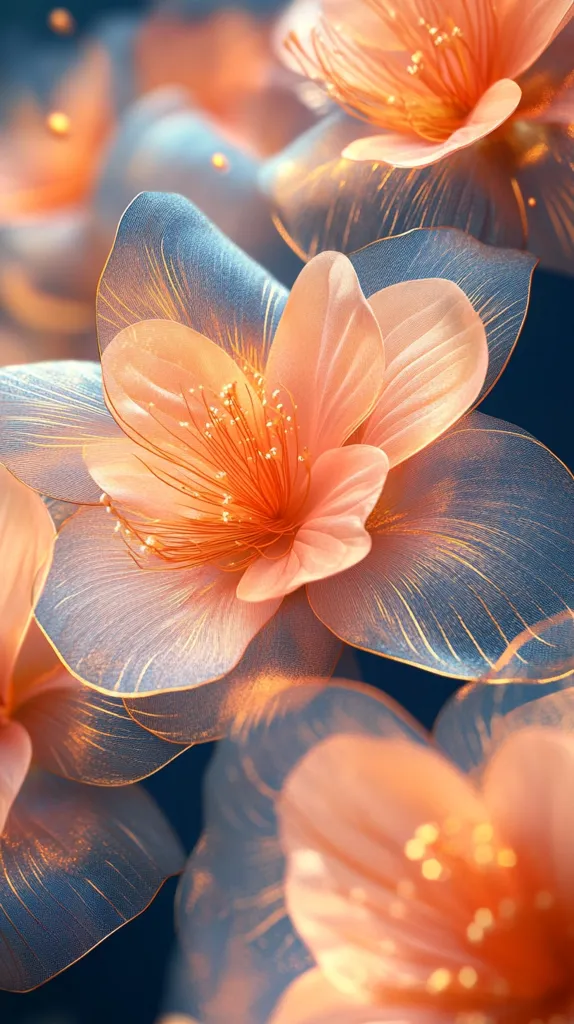 The image shows a close-up of delicate, peach-colored flowers with translucent petals. The flowers are arranged in a cluster, with their centers highlighted by a golden glow. The petals have a subtle sheen and are layered in a soft, graceful manner, creating a sense of beauty and fragility.  The background is a blurred, dark blue, emphasizing the flowers' vibrancy. The overall image is one of ethereal beauty and gentle luminescence.