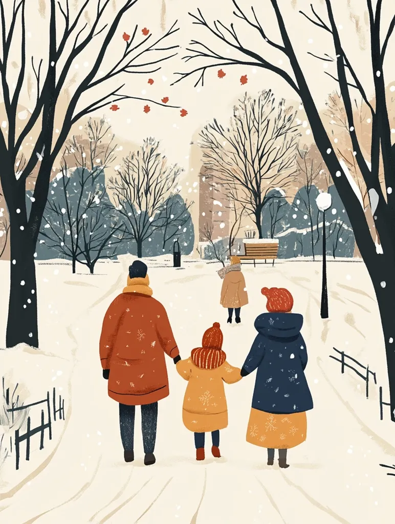A family of four walks through a snow-covered park. The parents are holding hands with their two children, all bundled up in warm winter clothing. The trees are bare and the ground is covered in a blanket of white snow. The scene is peaceful and serene, with a hint of winter magic in the air.  The falling snow adds to the overall wintery feel of the image.