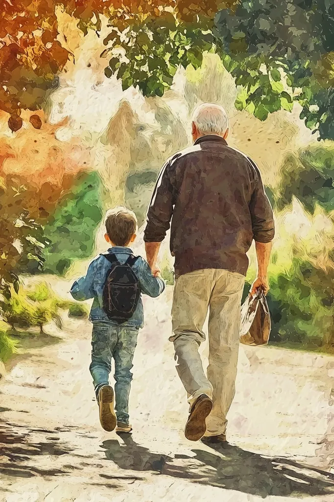 A young boy walks beside an older man on a sun-drenched path. The boy is wearing a denim jacket and carrying a backpack, while the man wears a brown jacket and holds a bag. The path is lined with trees and bushes, creating a picturesque background. The image is painted in a warm and soft style, suggesting a peaceful and loving scene. The two figures appear to be enjoying a leisurely stroll together, their silhouettes blending with the light-filled atmosphere.