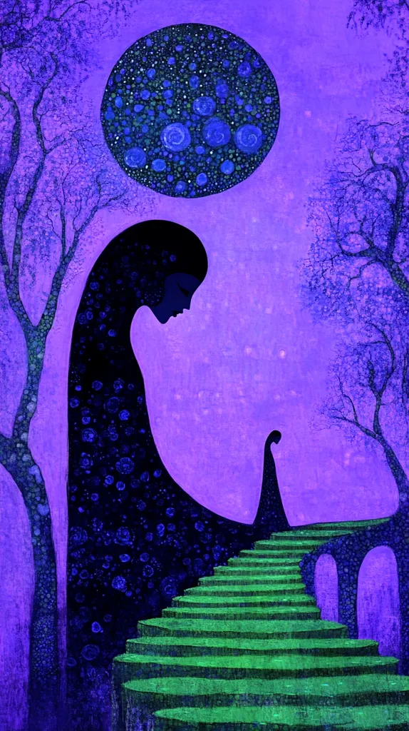 The image is a surreal and dreamlike scene. Two figures stand in silhouette against a vibrant purple sky. A large, patterned moon hangs in the sky. The figures stand on a winding staircase leading up to a mysterious structure. The image is filled with symbolism and evokes a sense of wonder and mystery. The overall effect is haunting and beautiful.