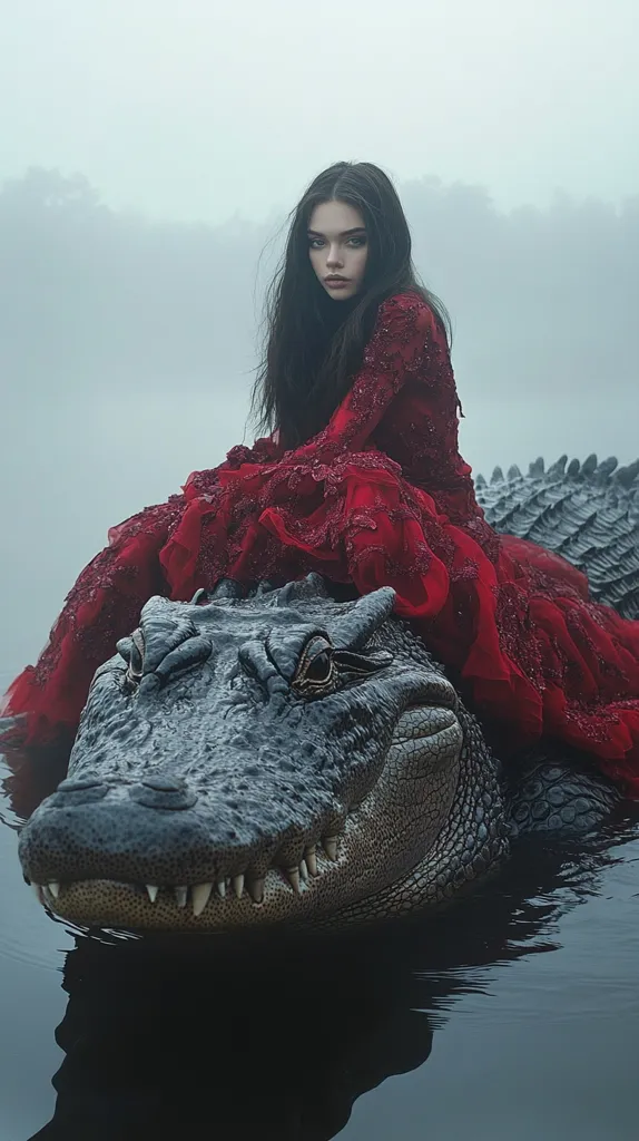A young woman in a long red dress sits atop a large alligator in a misty, swampy setting. Her long dark hair cascades down her back, and she gazes directly at the viewer with a serious expression. The alligator's open mouth reveals sharp teeth, creating a striking contrast with the woman's elegance. The scene evokes a sense of danger and mystery.