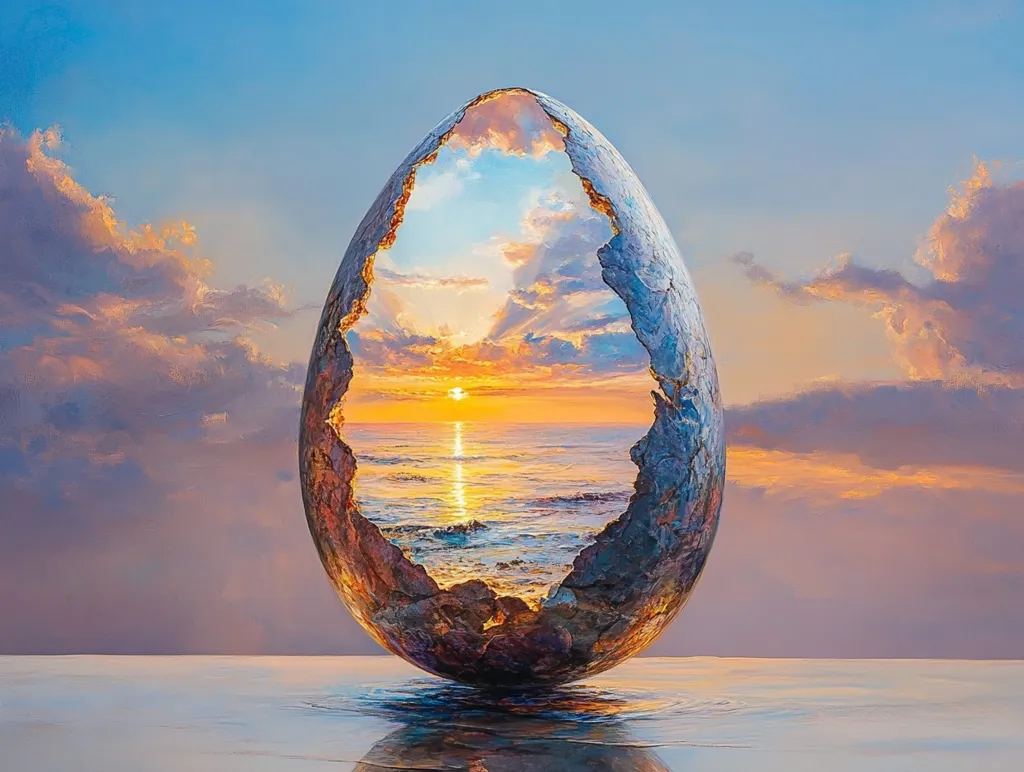 A large, cracked, egg-shaped rock sits on the surface of a calm ocean.  The inside of the rock is hollow and reveals a sunset over a distant ocean horizon.  The sky is filled with fluffy clouds painted in soft shades of pink and blue.