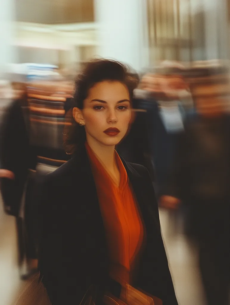 A woman with dark hair and a red top is standing in a blurred background. She is wearing a black blazer and looking at the camera with a serious expression. The background is blurred, suggesting movement and motion. The image has a warm, vintage color palette.