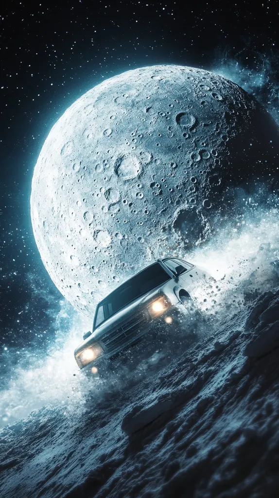 A large, cratered moon dominates the dark sky, its surface illuminated by a soft, blue glow. A rugged, off-road vehicle drives through a snowy landscape, its headlights piercing the darkness. The scene evokes a sense of adventure and exploration in an otherworldly setting.