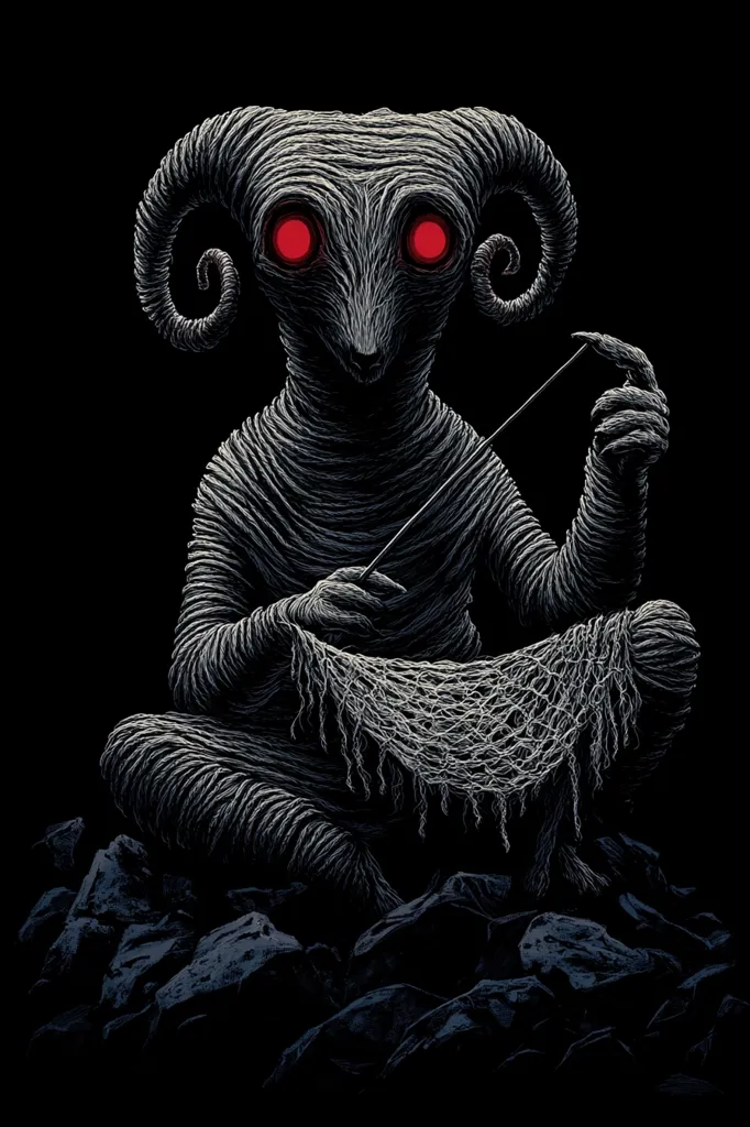 A creature with large, twisted horns and red eyes sits on a pile of rocks, holding a needle and a piece of string. Its body is made up of a series of intricate, flowing lines, creating a sense of otherworldly elegance. The creature's expression is stoic, and its eyes seem to glow with an inner light. The image is a strange blend of beauty and eeriness, leaving the viewer to wonder about its nature and purpose.