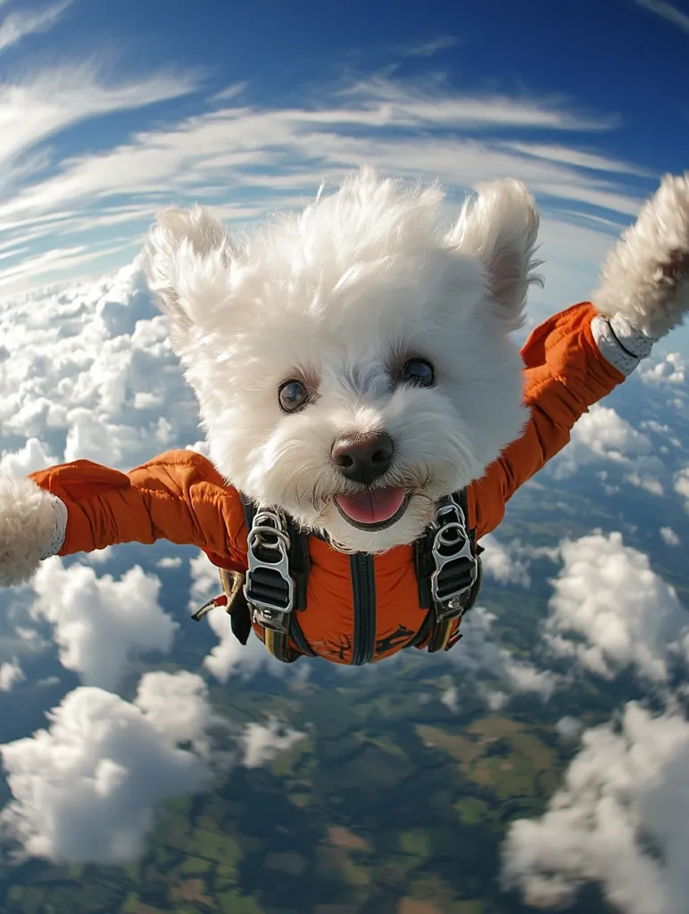 A small white dog with fluffy fur is wearing an orange jumpsuit and a harness. The dog is looking up at the camera with its mouth open and tongue out. The dog is skydiving and there are clouds behind it. The sky is blue with white clouds. The photo is taken from the dog's perspective, looking down at the clouds.  The dog appears to be smiling, suggesting it is having fun.  The image is lighthearted and fun.