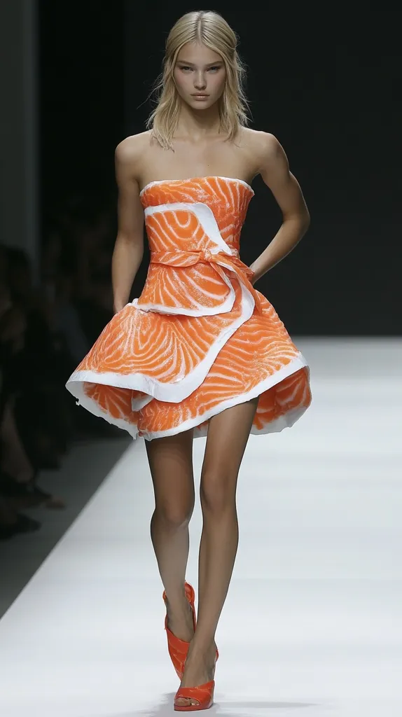 A young woman in a salmon-skin dress walks down a runway. The dress is made of layered strips of salmon skin that are held together by white fabric. She has on bright orange shoes that match the dress.  She looks confident and poised as she walks with a slight smile on her face. The dress is unique and eye-catching, and she appears to be enjoying the attention.