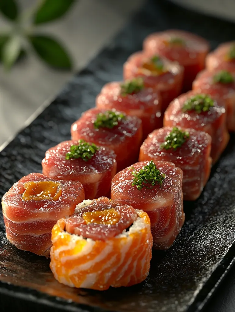 A close-up shot of a plate of sushi rolls. The rolls are made with a variety of ingredients, including raw fish, rice, and seaweed. The rolls are garnished with green onions and are arranged in a neat row on a black plate. There are a few other sushi rolls out of focus in the background. The image is well-lit and the colors are vibrant.