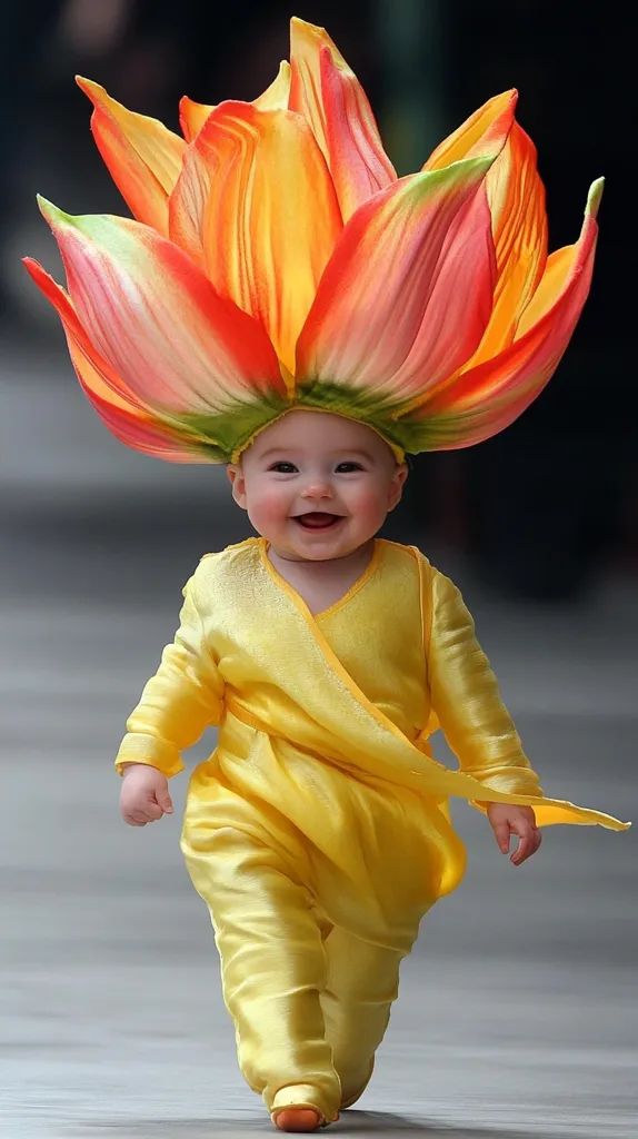 A baby is wearing a yellow outfit and a large flower-shaped hat. The hat is made of red, orange, and yellow petals. The baby is walking with a big smile on their face. The background is blurry, making the baby the focus of the image.  The image captures the innocence and joy of childhood.