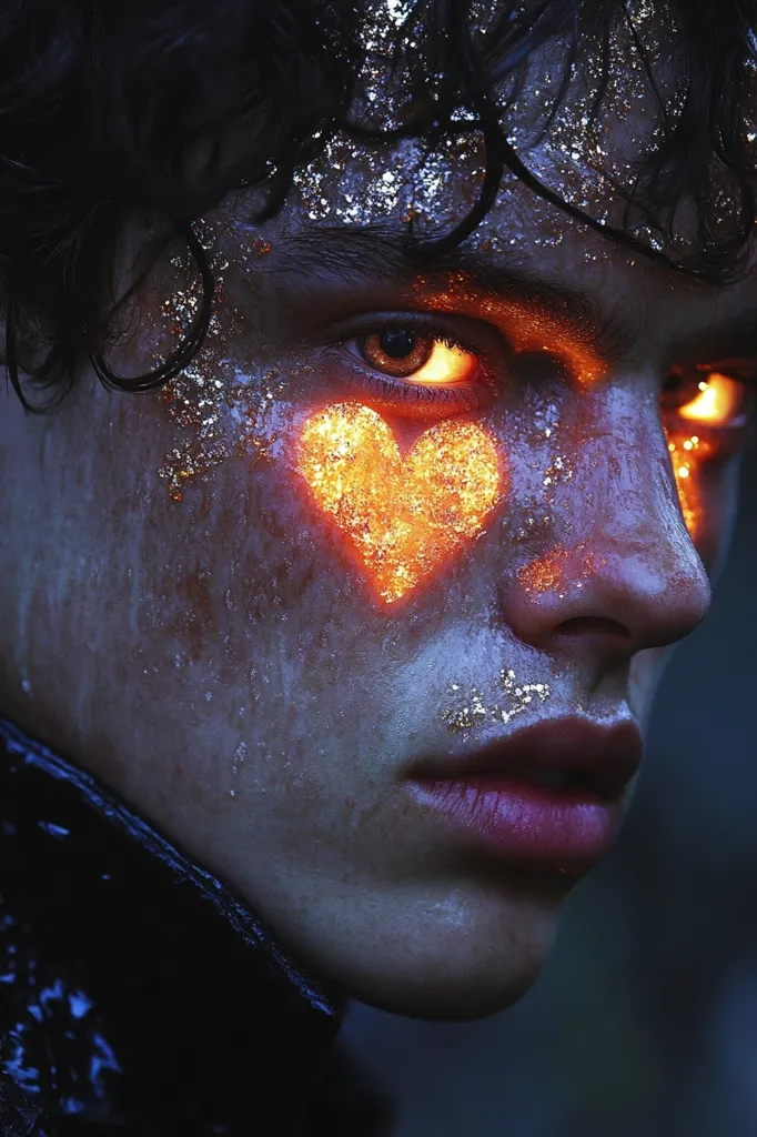 The image shows a close-up of a young person's face, partially obscured by dark hair. The face is covered in shimmering particles, creating a celestial effect. A bright orange heart is painted on the cheek, adding a touch of warmth and passion to the image. The eyes are intense and expressive, suggesting a depth of emotion. The image is moody and evocative, with a hint of mystery and intrigue.