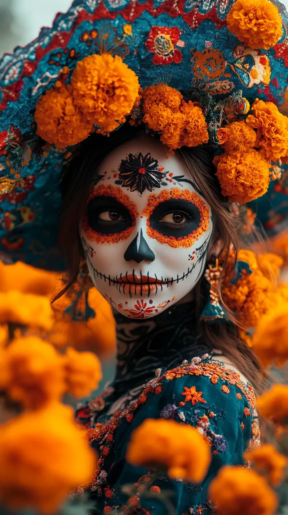 A woman with elaborate Day of the Dead makeup, including a white skull with black outlines and colorful details, poses surrounded by bright orange marigolds. She wears a colorful, embroidered hat and a deep blue dress, adorned with intricate floral patterns. The marigolds, symbolic of the Day of the Dead celebration, create a vibrant and festive backdrop. Her gaze is intense, drawing the viewer into the scene.