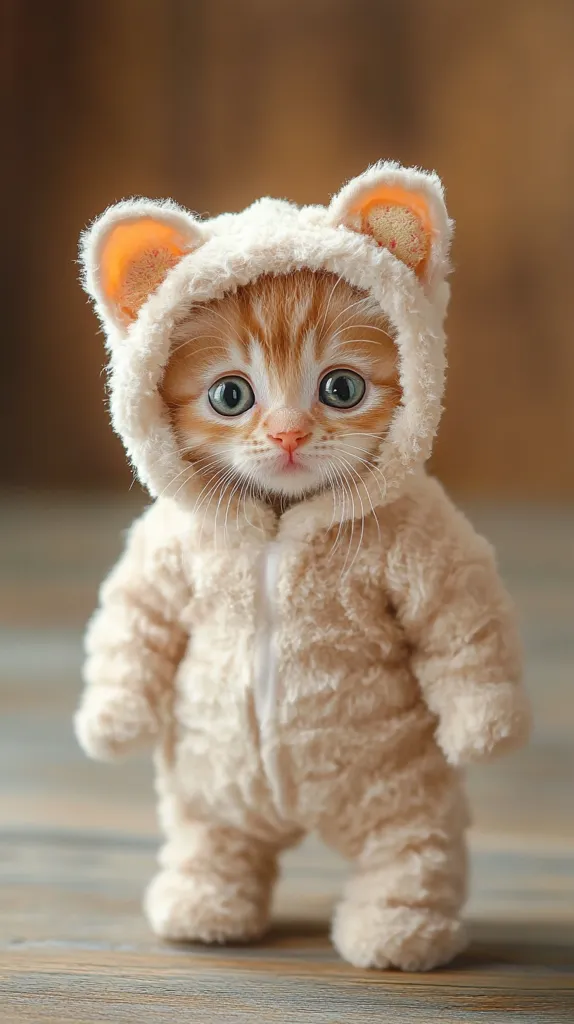 A small, ginger kitten wears a fluffy cream-colored jumpsuit.  The kitten's big, blue eyes are visible. It is standing on a wooden floor and looks directly at the camera. The kitten has a sweet and innocent expression. The image is a close-up shot, focusing on the kitten's face and the fuzzy texture of the costume.  The background is out of focus, creating a soft, dreamy atmosphere.