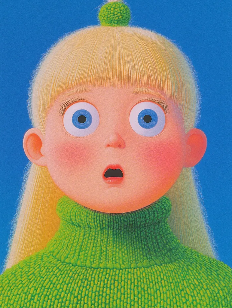A young girl with long blonde hair and large blue eyes stares directly at the viewer with a shocked expression. She is wearing a bright green turtleneck sweater and has a small green ball on her head. The background is a solid blue. The image is rendered in a cartoon style, with exaggerated features.  The girl's expression evokes a sense of surprise and disbelief.