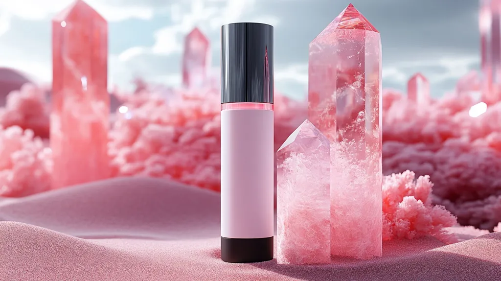 A pink and white cosmetic bottle with a black lid sits on a bed of soft pink sand. Two large pink quartz crystals stand behind the bottle, with others blurred in the background, creating a dreamy and ethereal scene. The lighting is soft and the overall feel is serene and luxurious.
