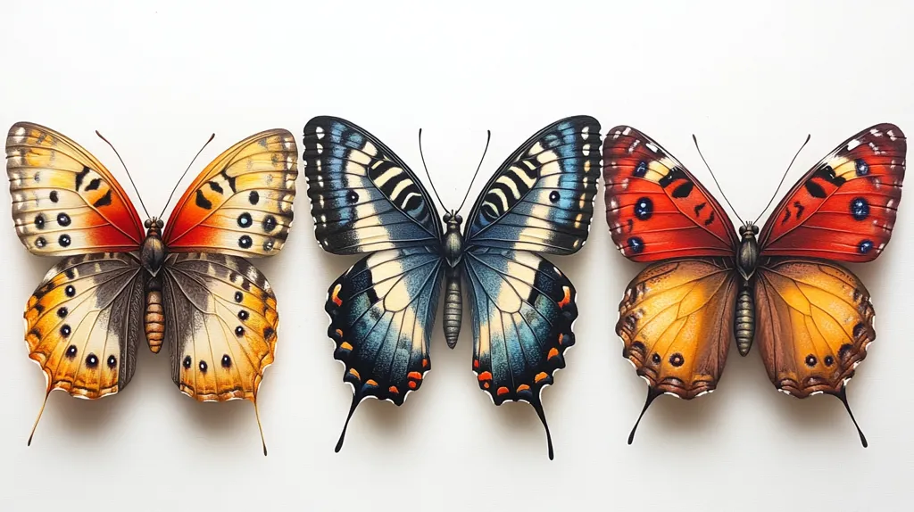 Three butterflies are arranged horizontally, with a white background. The leftmost butterfly is brown, orange, and black with white spots. The middle butterfly is blue, white, and black. The rightmost butterfly is red, orange, and black with white spots. The butterflies are all in sharp focus and their wings are spread out.