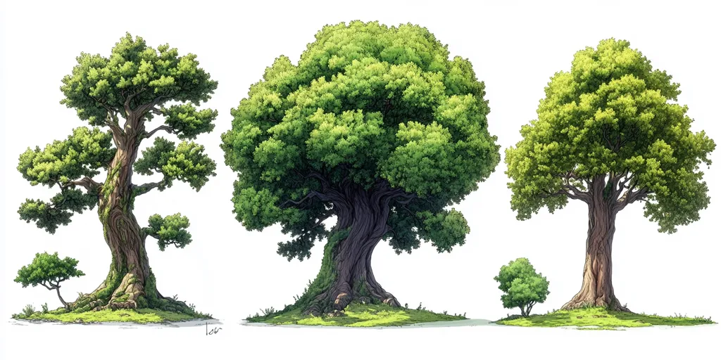 The image features three stylized trees with thick trunks and full canopies, depicted on a white background. The trees are drawn in a detailed, almost cartoonish style, emphasizing the texture of the bark and the lushness of the foliage. The leftmost tree has a gnarled, textured trunk and branches that spread outwards. The central tree features a thick, twisted trunk and a dense canopy. The rightmost tree has a more traditional silhouette, with a straight trunk and rounded canopy. They are drawn against a clean white backdrop, showcasing their individual features.