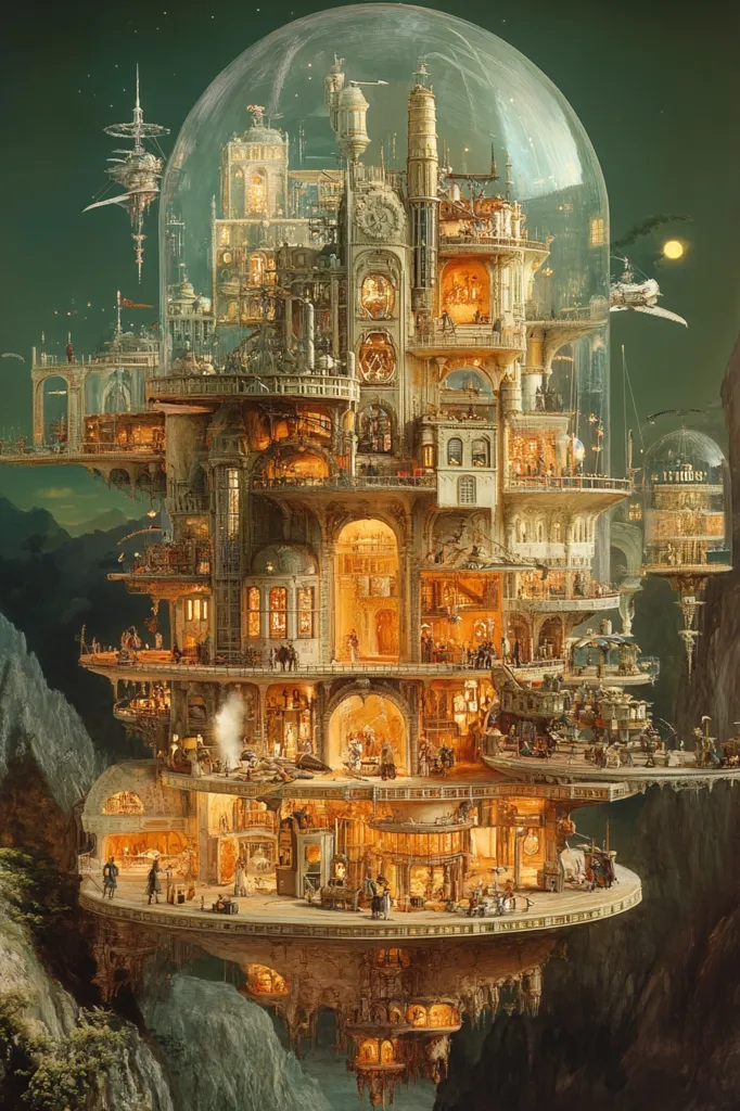 A towering, intricate structure with a complex, layered design, reminiscent of a steampunk city, is encased in a giant glass dome.  The city is built on a rocky outcrop, seemingly suspended in the air, with its various levels connected by bridges and walkways. The interior of the structure is illuminated with warm, glowing light, revealing a bustling, vibrant community.  The surrounding landscape is a blend of rocky mountains and an ethereal sky, contributing to the otherworldly atmosphere.