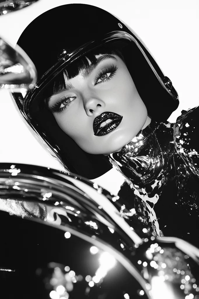 A woman with dark hair wears a black motorcycle helmet and a glittering, sequined outfit. She gazes directly at the camera with intense, dark eyes. Her lips are painted a dark, bold red, adding to the dramatic effect. The image is shot in black and white, highlighting the contrast between the woman's features and the shiny textures of her clothing and helmet. The composition is dynamic, with the helmet and the woman's face filling the frame. The image evokes a sense of power, mystery, and rebelliousness.