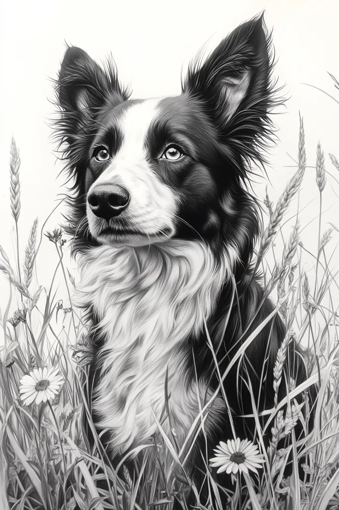 A black and white drawing of a border collie standing in tall grass. The dog has its head tilted up and its ears perked up, as if listening to something. The drawing is very detailed, with the fur of the dog and the blades of grass rendered realistically. There are also a few wildflowers in the foreground.