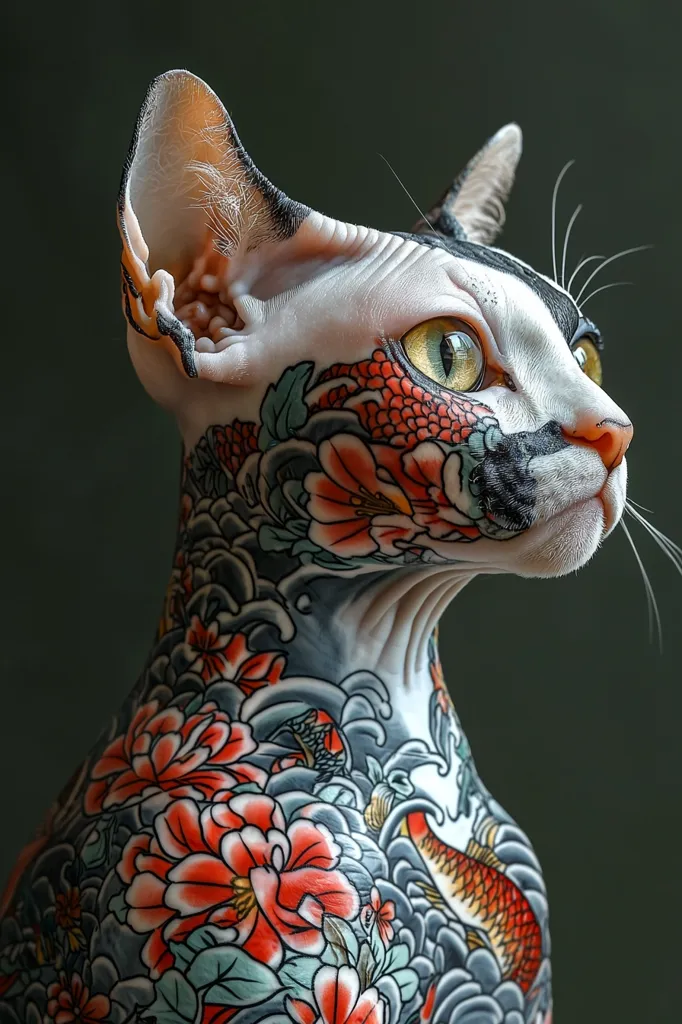 A hairless cat with a full body Japanese-style tattoo is looking to the right of the frame. The tattoo is detailed and colorful, depicting flowers, waves, and a fish. The cat’s eyes are bright yellow and the skin is soft and pink. The cat's body is posed in a profile view. The background is a dark, muted green. The image is likely edited to enhance the tattoo and cat's features.