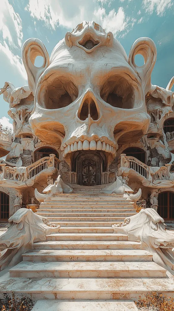 A large, intricately carved, stone skull forms the facade of a building. The skull is detailed with teeth, eyes, and a nose. The building appears to have many levels with a large, ornate staircase in front. The sky is bright blue with wispy white clouds. The image is shot from a low angle.