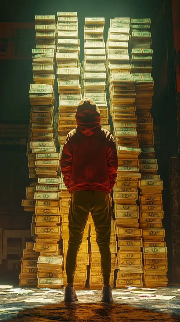 A hooded figure stands in front of a wall of stacked hundred-dollar bills. The bills are organized neatly and reach from floor to ceiling, creating a visually striking backdrop. The figure’s red hoodie and black pants contrast with the yellow-toned cash. The scene evokes a sense of wealth and ambition, leaving the viewer to ponder the figure’s motivations and the significance of their presence in this opulent space.