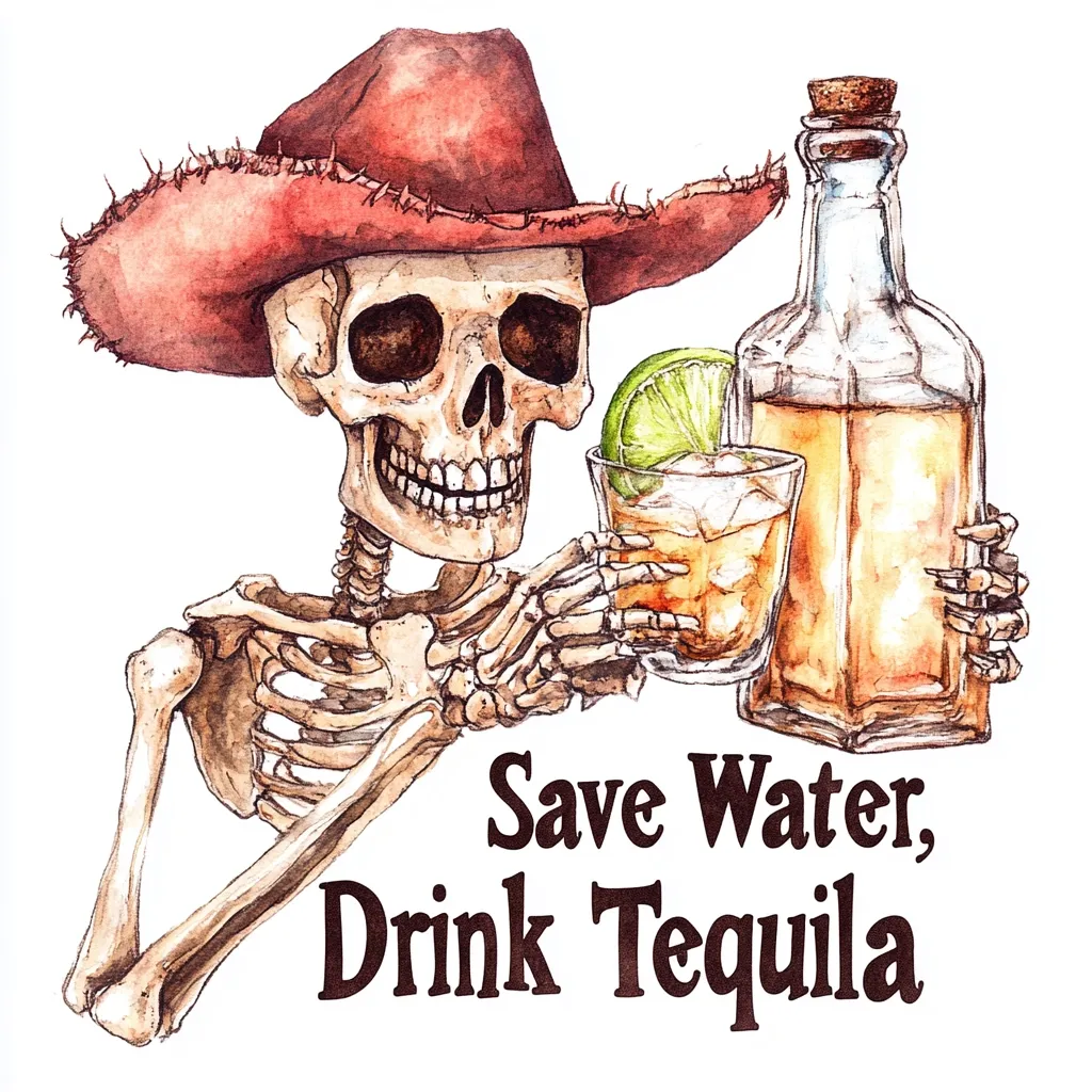 A watercolor illustration of a grinning skeleton wearing a red cowboy hat and holding a glass of tequila with a lime wedge and a bottle of tequila. The image includes the text "Save Water, Drink Tequila". The humorous illustration suggests a celebration of life with a lighthearted and fun-loving tone.  The image has a whimsical and slightly macabre feel, making it perfect for a party or a celebration.