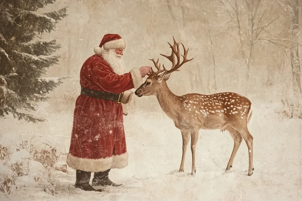 Santa Claus stands in a snowy forest, clad in his traditional red suit and white trim. He reaches out a hand to touch the antlers of a spotted deer standing beside him. The scene is rendered in a vintage style with a faded, textured background that evokes a sense of nostalgia and winter charm.