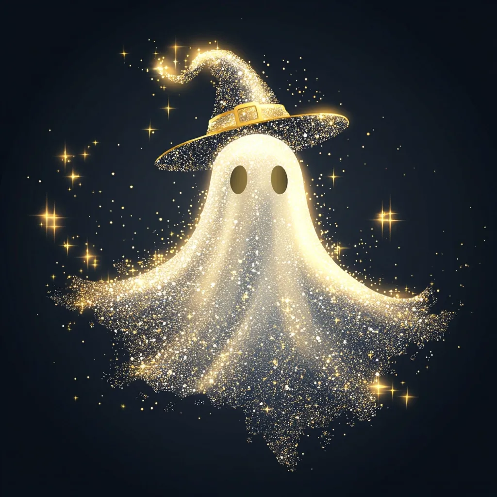 A ghostly figure with a golden glitter texture wears a witch’s hat adorned with gold accents against a dark blue background dotted with shimmering stars. The ghost’s face is characterized by two large, black eyes, adding a touch of whimsy to the ethereal design. The overall effect is a sparkling, playful representation of a Halloween ghost.