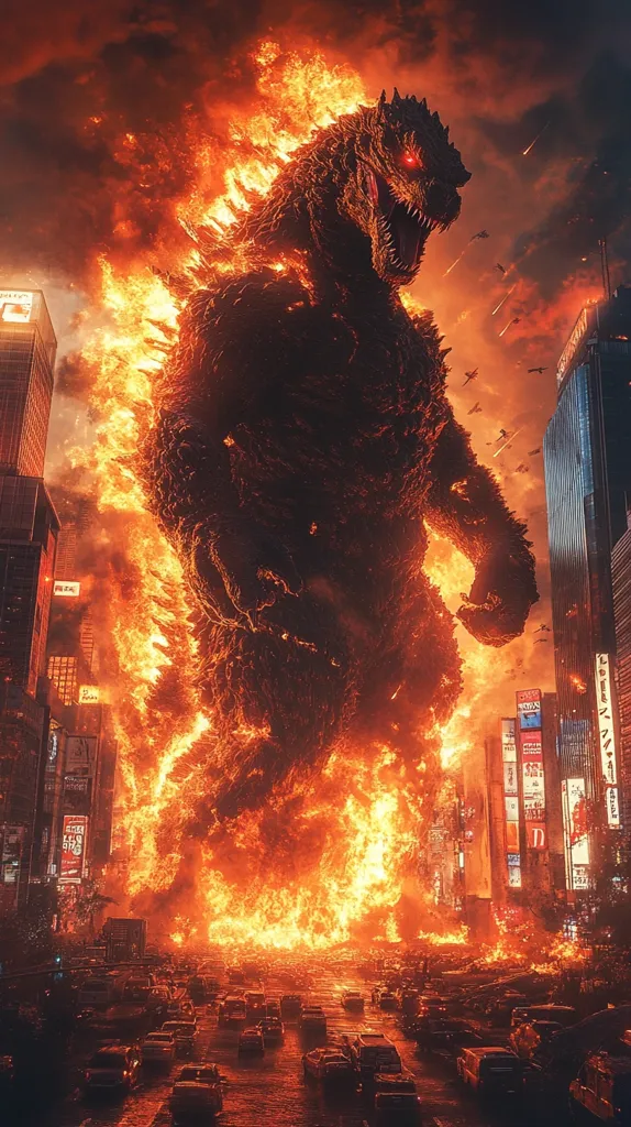 A fiery Godzilla stands amidst a burning cityscape, its red eyes glowing menacingly. Flames engulf the buildings, casting a fiery glow across the street, where cars are abandoned amidst the chaos. The sky is filled with smoke and debris, creating a scene of utter destruction. The monster’s immense size and power are evident, leaving no doubt of the city’s fate.