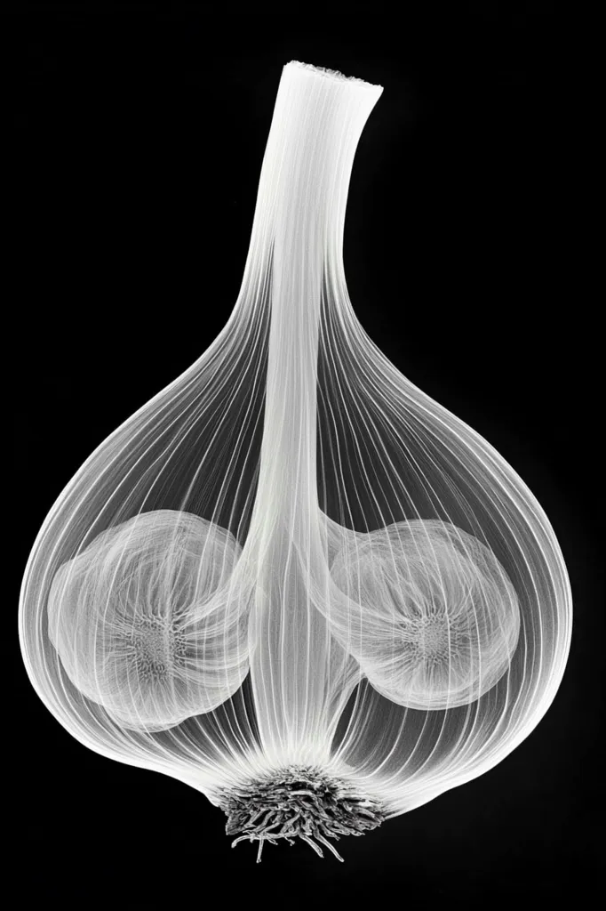 A single bulb of garlic, rendered in white on a black background, appears as a delicate web of translucent layers. The individual cloves within the bulb are visible, along with the root system at the base. The image evokes a sense of fragility and intricate structure.