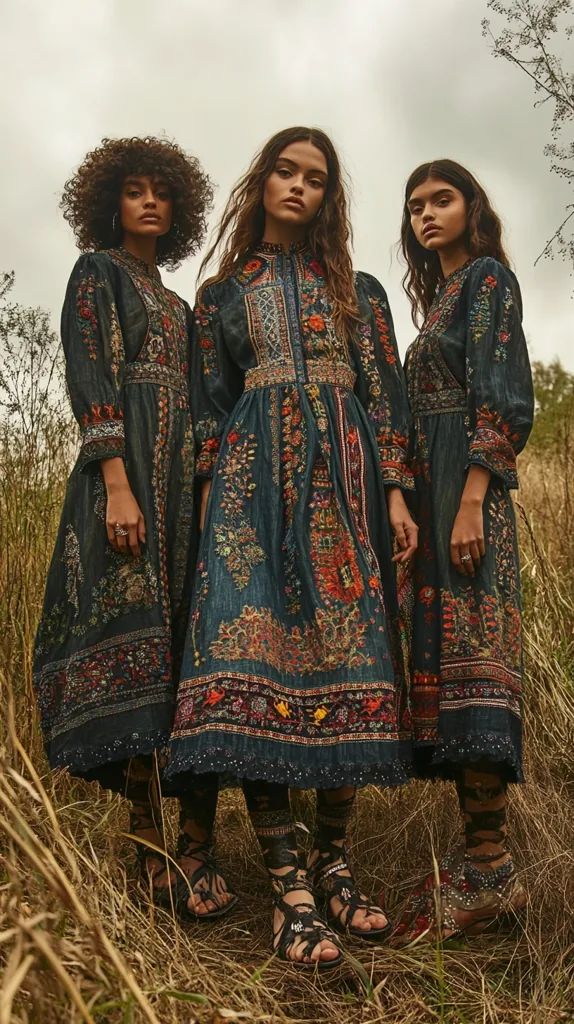 Three young women in long, flowing dresses with intricate floral patterns stand in a field of tall grass. The dresses are a dark blue base with colorful embroidery. They wear strappy sandals and have long hair. The women's poses and expressions are confident and relaxed. The background is a blurred landscape of trees and sky. The overall mood is romantic and bohemian.