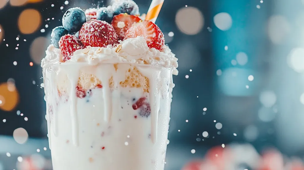 A tall glass filled with a creamy milkshake topped with whipped cream, strawberries, blueberries, and a straw. The milkshake is dripping down the sides of the glass, creating a white glaze. The background is blurred with bokeh lights. The entire image evokes a sense of sweetness and indulgence.