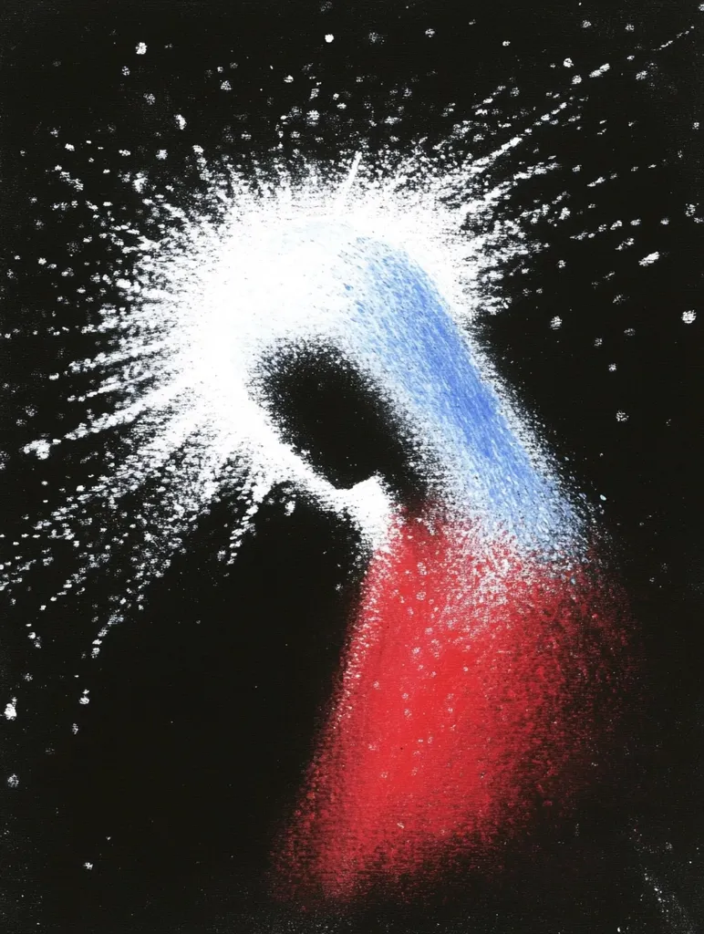 The image is an abstract painting of a figure in profile, against a black background. The figure is outlined in white and blue, with a red splash emanating from the bottom. The image is created using a splatter technique, with the colors blending together in a soft, ethereal way. The painting evokes a sense of mystery and spirituality.