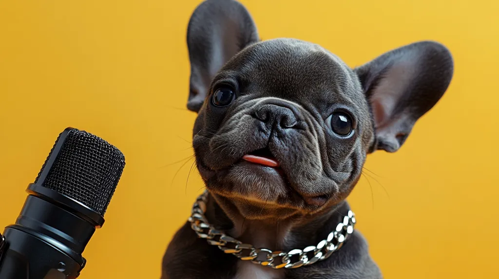 A black French bulldog with a silver chain collar is looking up at a microphone. The dog is sticking its tongue out, and has big brown eyes. The background is a bright yellow color.  The dog is looking interested and curious about the microphone.