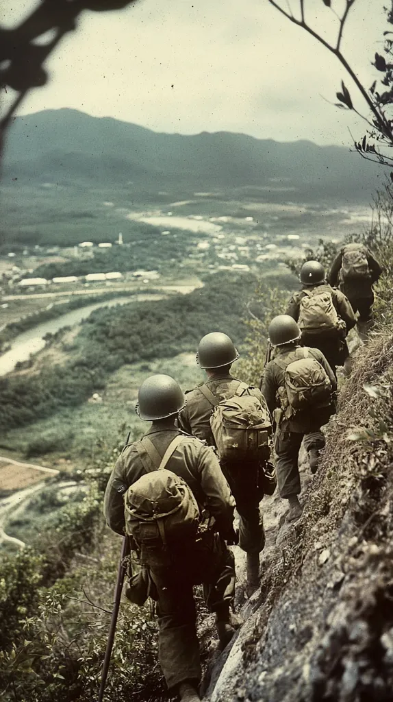 A line of soldiers in uniform and helmets walk up a rocky hillside. They are carrying large packs and rifles. Behind them lies a valley, dotted with houses and a river winding its way through the landscape.  The image is taken from behind the soldiers, giving the viewer a sense of their journey and the rugged terrain they are traversing.  The soldiers' faces are obscured, highlighting the anonymity of war and their focus on the task at hand.  The overall tone is somber, reflecting the hardships of combat.  The image evokes a sense of history and the sacrifices made by soldiers in wartime.