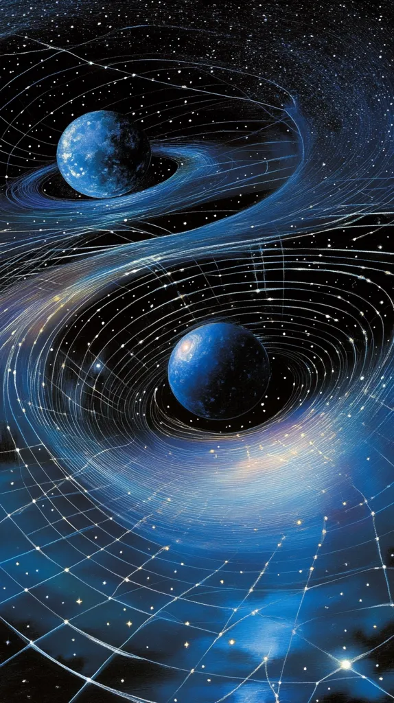 The image depicts a cosmic scene with two blue planets orbiting within a complex web of white lines that stretch across a black background dotted with stars. The planets are surrounded by swirling blue and white clouds, suggesting a celestial dance. The overall effect is one of awe and wonder, capturing the beauty and mystery of the universe.