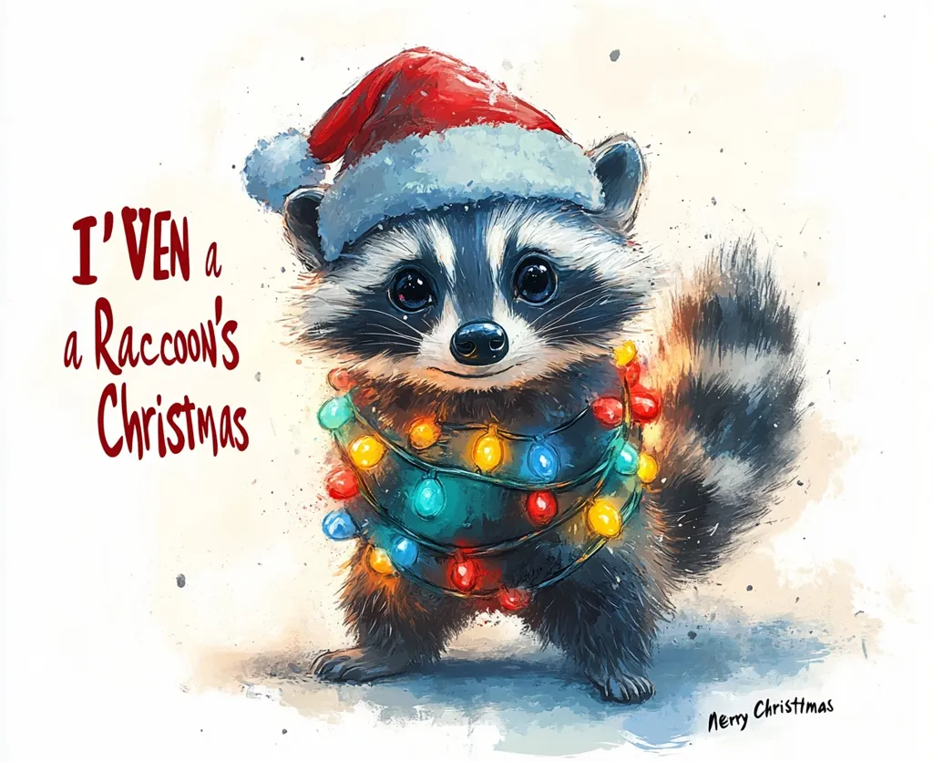 The image is a watercolor painting of a raccoon wearing a Santa hat and a string of Christmas lights. The raccoon is looking at the viewer with a sweet expression. The image is set against a white background with the text "I've a Raccoon's Christmas" and "Merry Christmas" written below. The painting has a cheerful and festive feel.