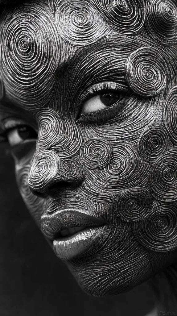 A black and white close-up portrait of a person with a striking makeup look. The person's skin is covered in intricate swirling patterns, created with makeup or possibly a 3D effect. The eye is partially visible and the lips are full and slightly parted. The image has a surreal and artistic quality.