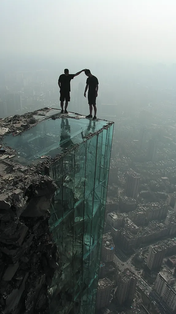 Two men stand on a glass platform at the edge of a building, looking down at the city below. The glass platform is partially broken, and the men are silhouetted against the hazy skyline. The city below looks like a vast expanse of grey, with buildings stretching out as far as the eye can see.  The photograph captures a sense of both danger and beauty.