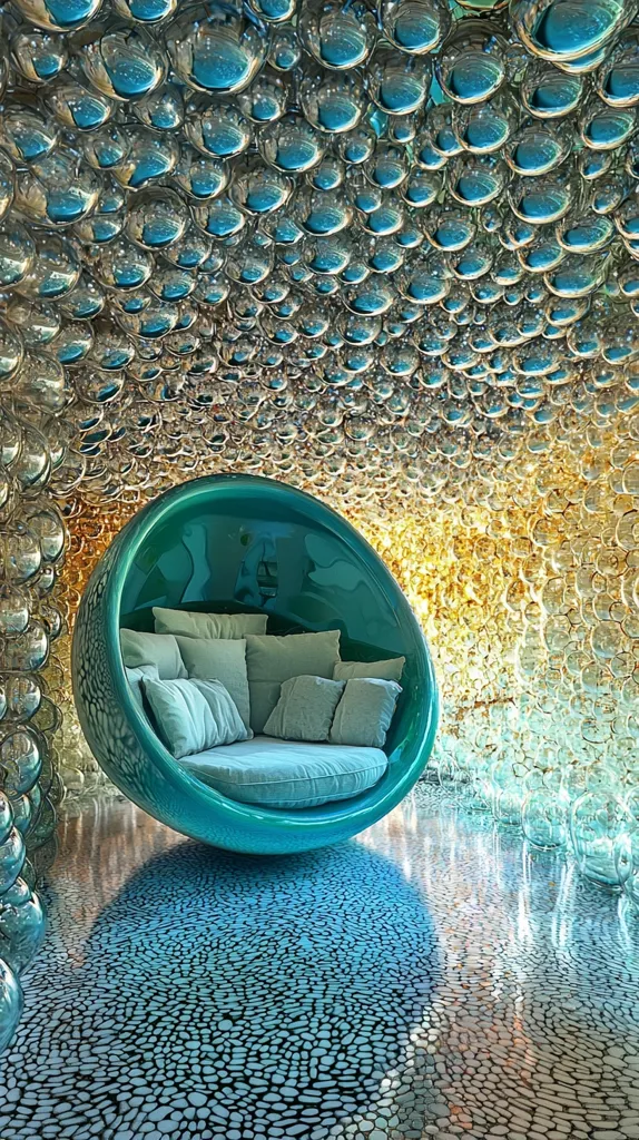 A large, turquoise, egg-shaped chair sits in the center of the room.  The chair is filled with soft, white pillows and is surrounded by a floor covered in small, white pebbles. The ceiling is covered in round, silver and gold bubbles, creating a unique and whimsical atmosphere. The scene is lit by soft, natural light, casting shadows on the floor and walls.